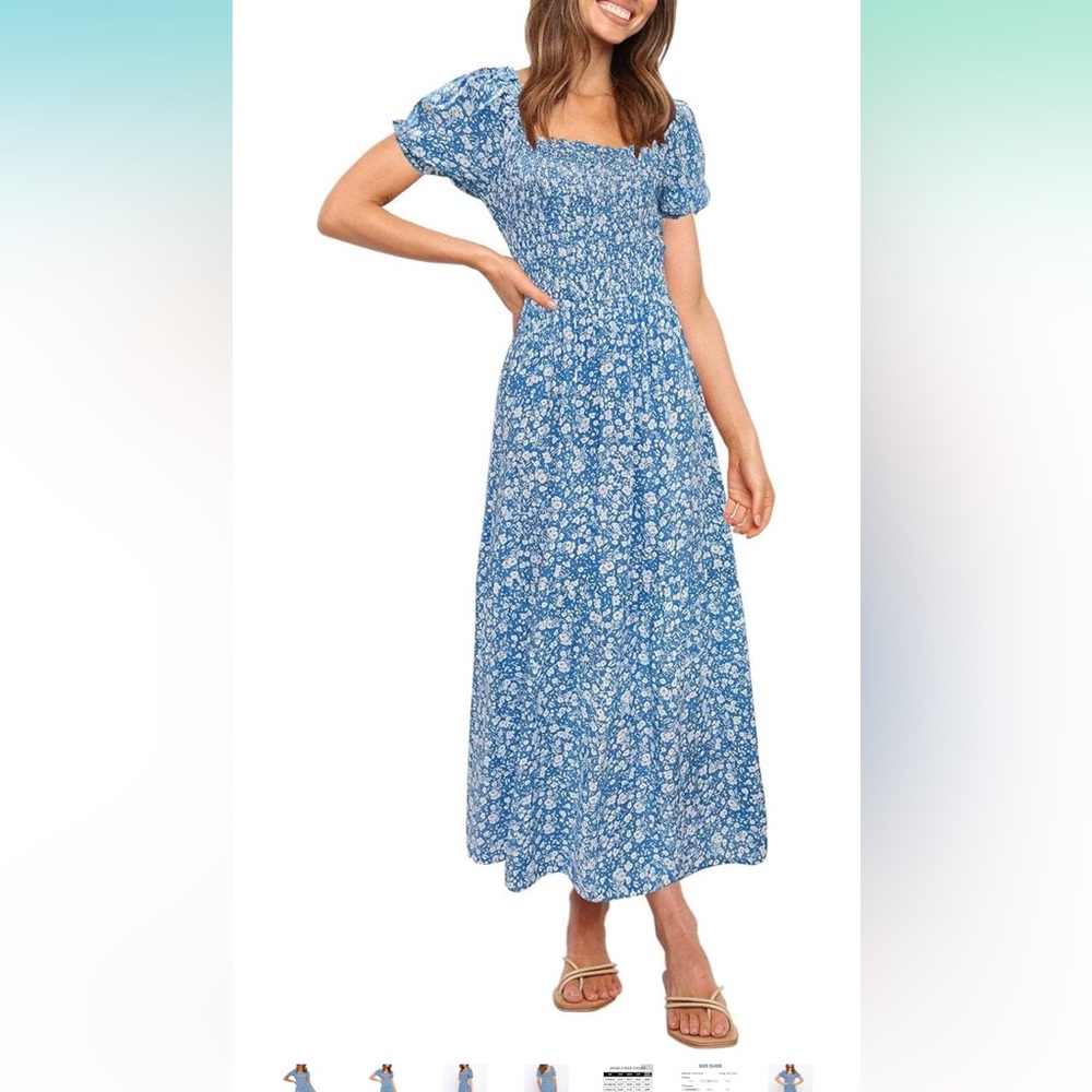 ZESICA Summer Boho Floral Print Square Neck Smocked Puff Sleeve Flowy Maxi Dress